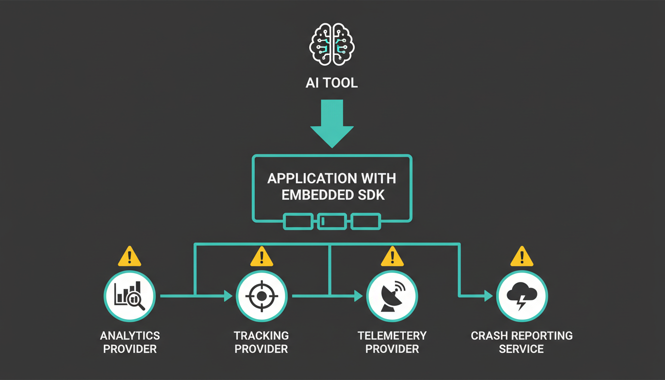 Data flow diagram showing how AI-generated code connects to third-party tracking services