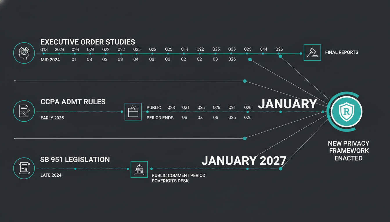 Timeline showing California AI regulation convergence in 2027