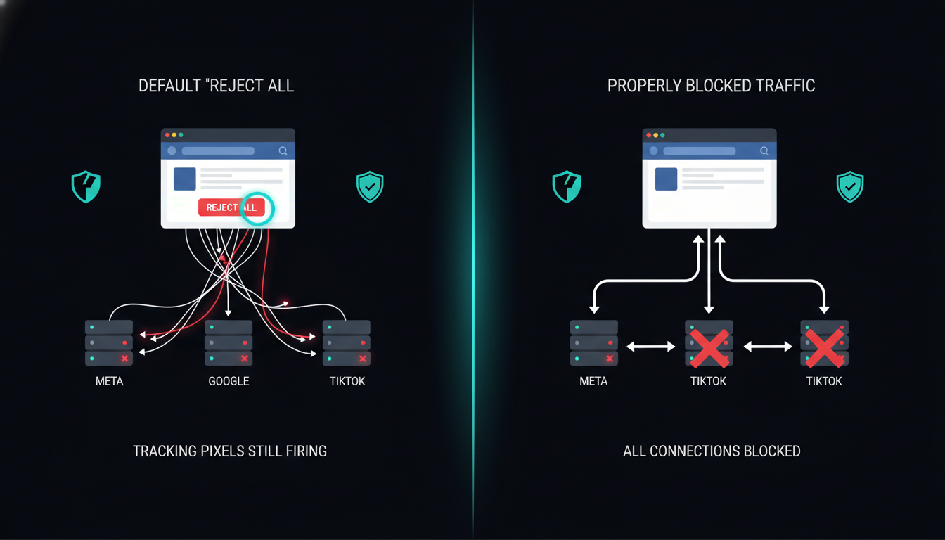 Technical diagram comparing broken vs working cookie consent implementation with network traffic visualization