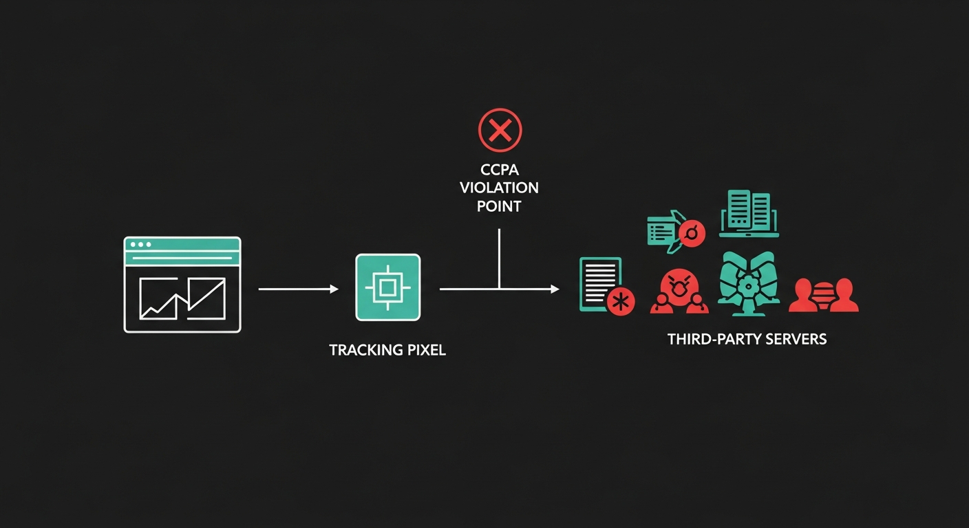 Diagram showing how tracking pixels violate CCPA by sharing data before opt-out